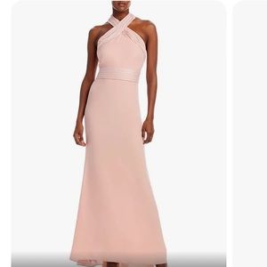 NWT Eliza J Satin Crisscross Halter Wrap Neck Gown Size 2.